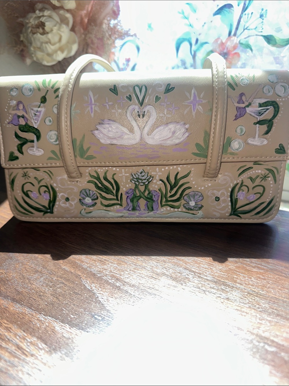 Mermaid Swan Art Bag Vintage MNG Hand Painted Vegan Leather - Picture 16 of 16